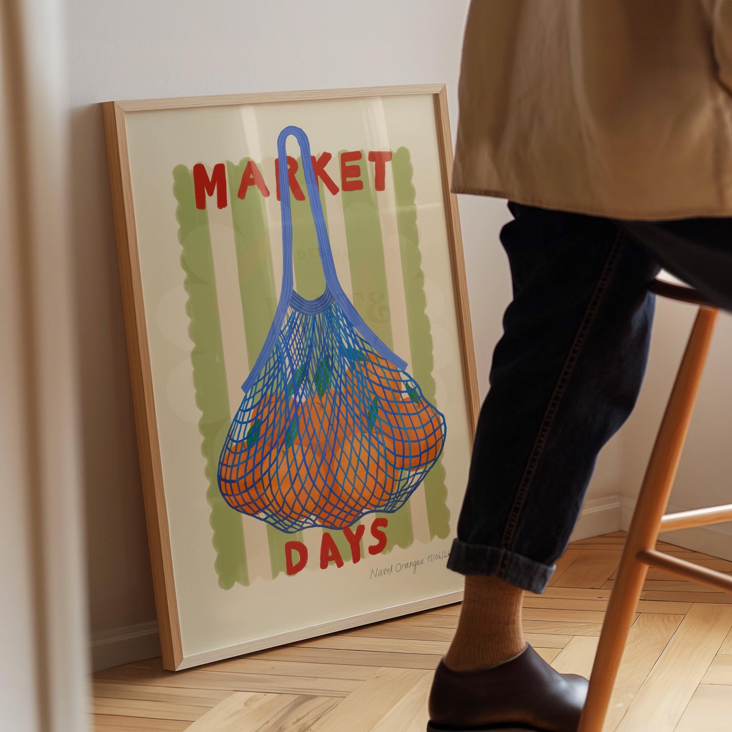 Hand Drawn Market Days Art Oranges Print: Colourful Fruit Market Decor, Vegetable, Stripes,