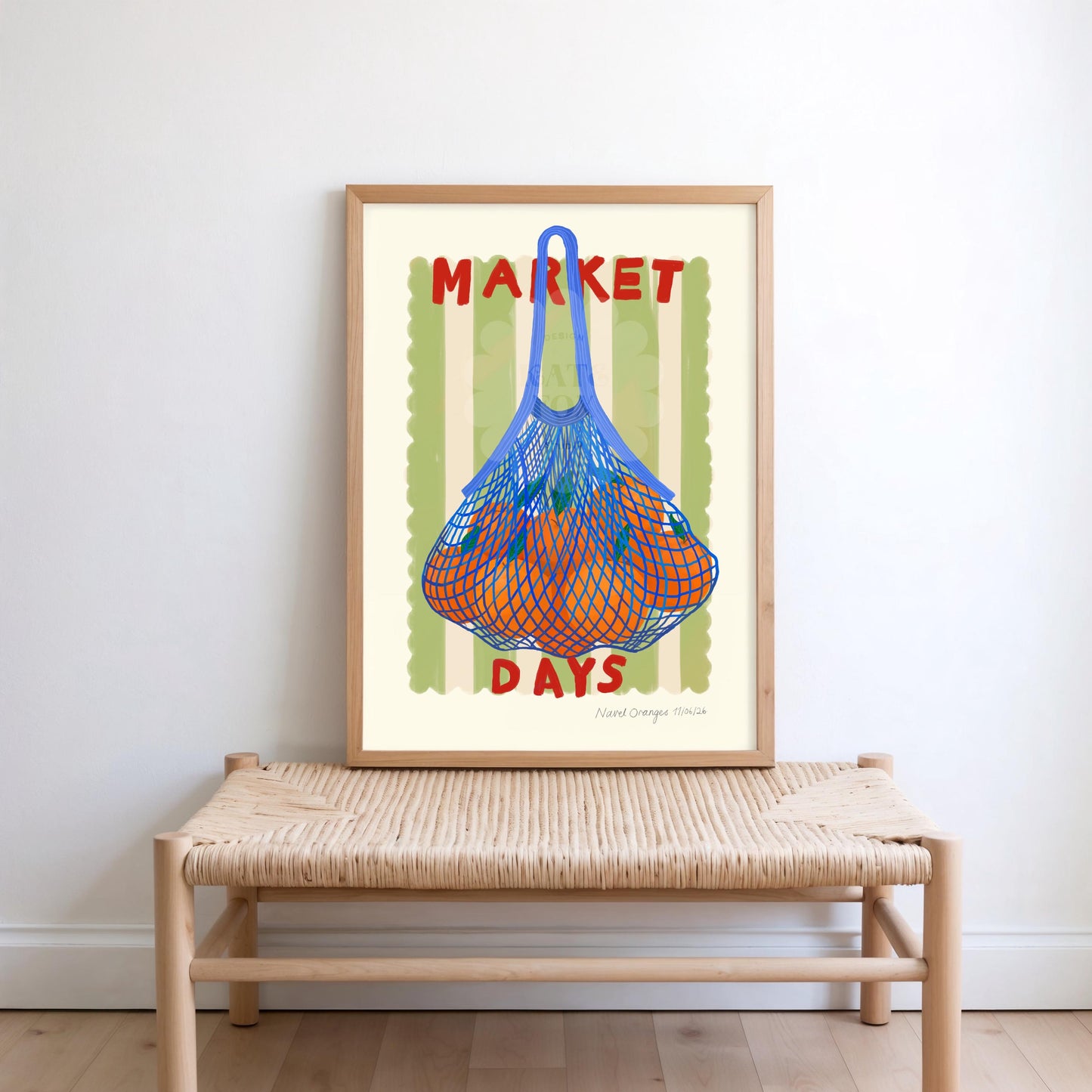 Hand Drawn Market Days Art Oranges Print: Colourful Fruit Market Decor, Vegetable, Stripes,