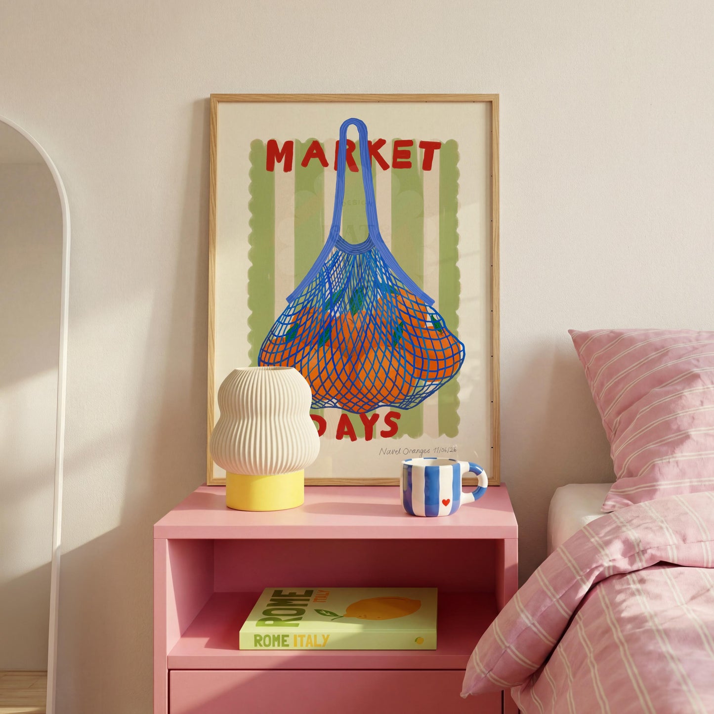 Hand Drawn Market Days Art Oranges Print: Colourful Fruit Market Decor, Vegetable, Stripes,