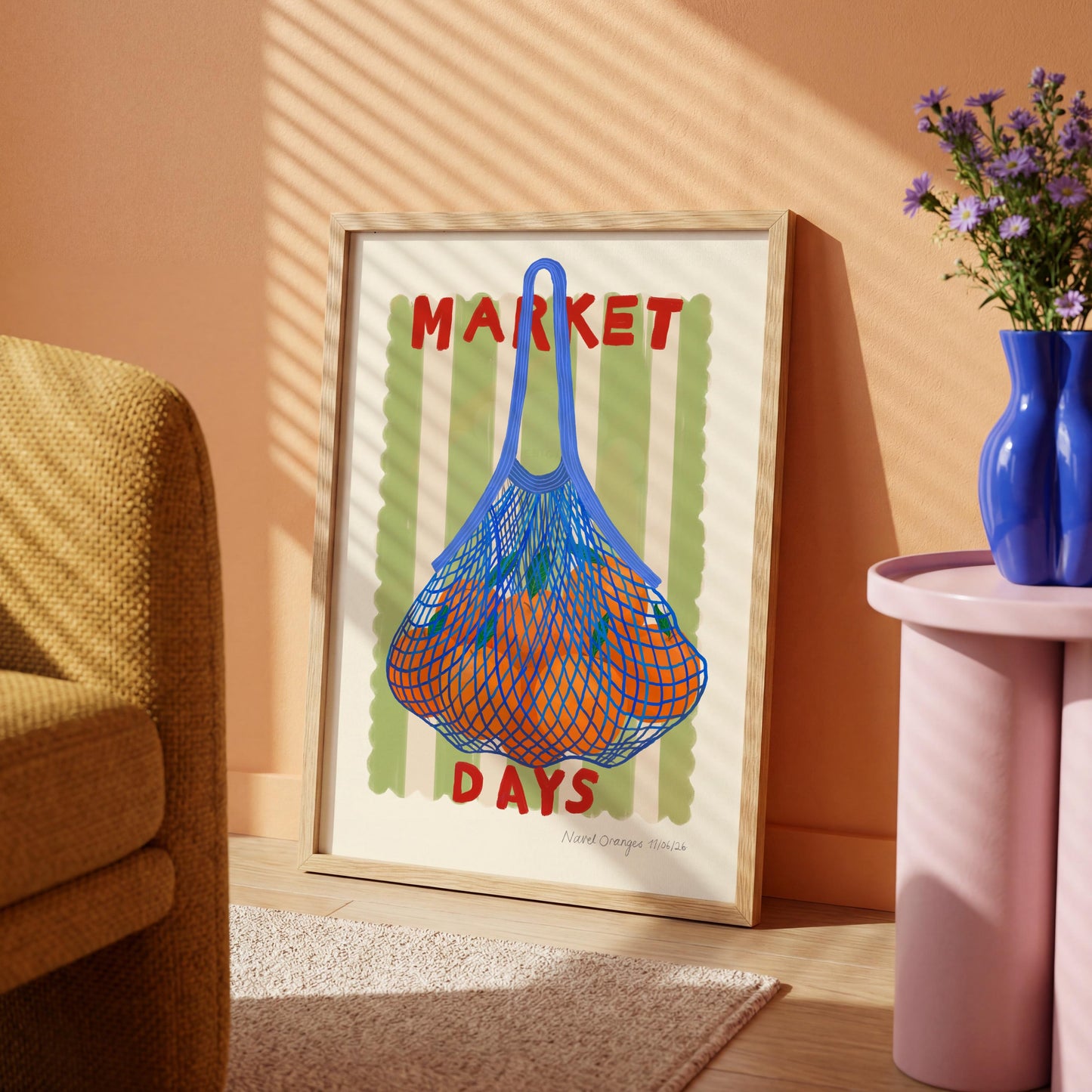 Hand Drawn Market Days Art Oranges Print: Colourful Fruit Market Decor, Vegetable, Stripes,