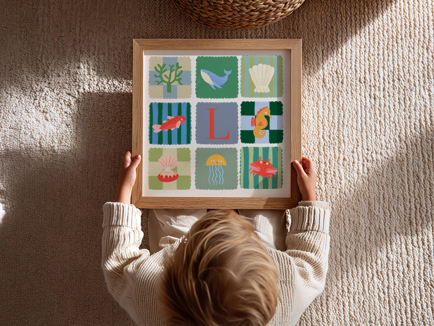 Personalized Ocean Letter Print: Colorful Kids Wall Art, Fish, Shell, Whale