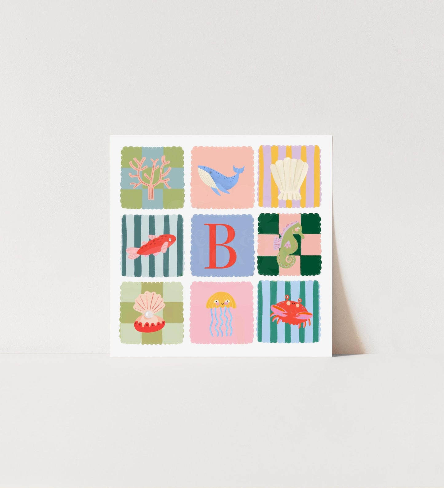 Pink Ocean Letter Print: Colorful Kids Wall Art, Fish, Shell, Whale