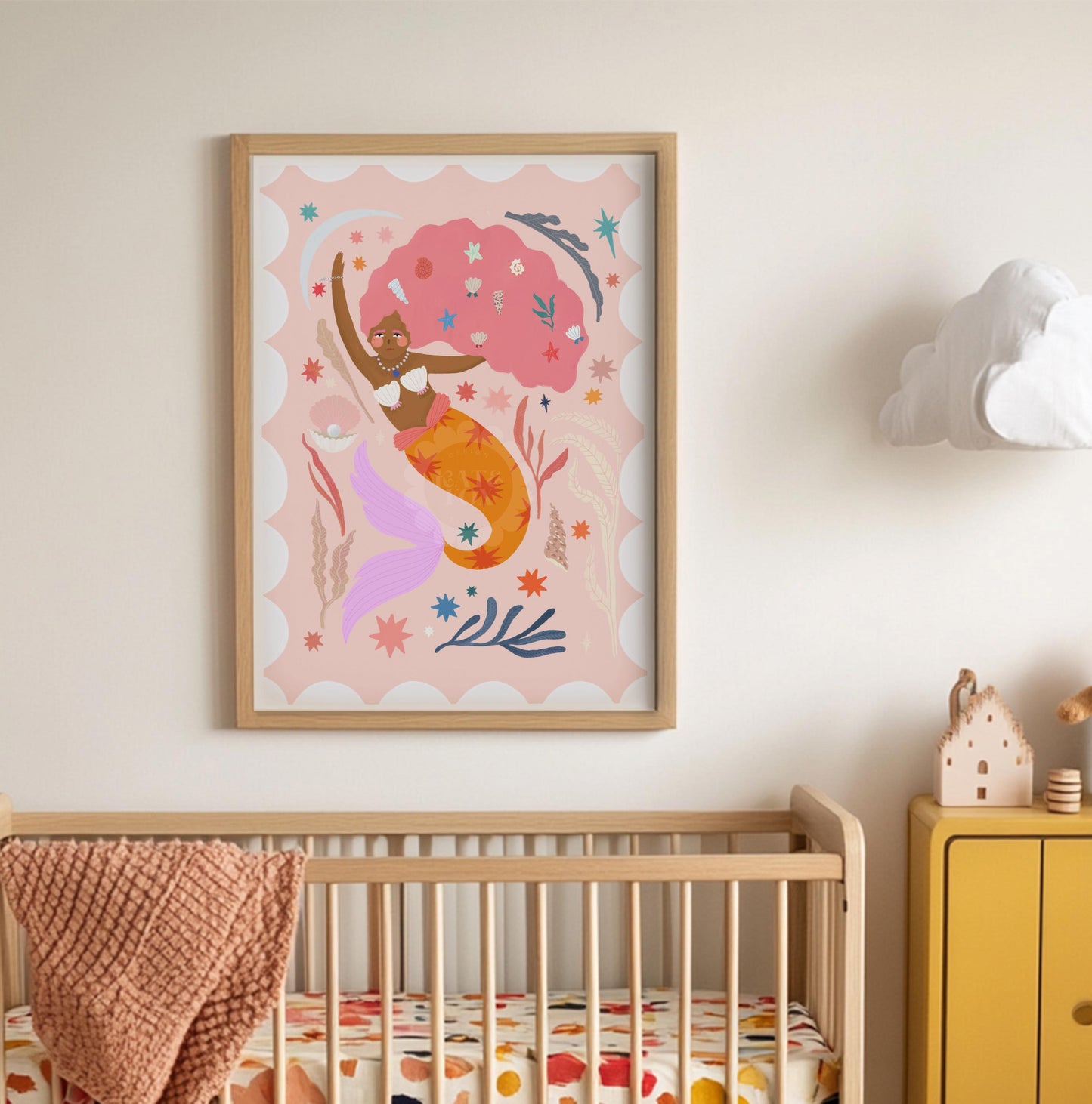Orange Tail Mermaid Portrait Art Print: Colorful Kids Room Decor