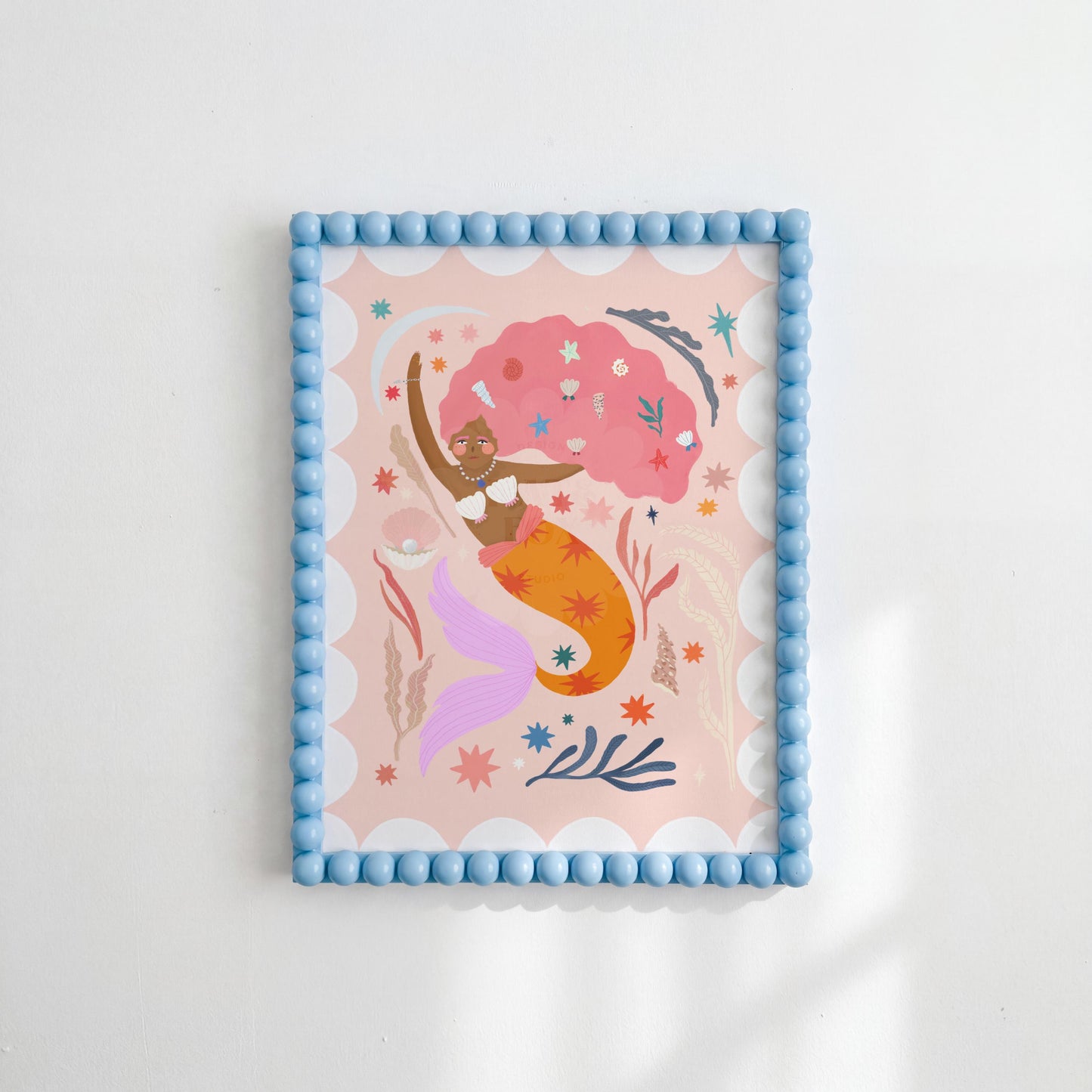Orange Tail Mermaid Portrait Art Print: Colorful Kids Room Decor