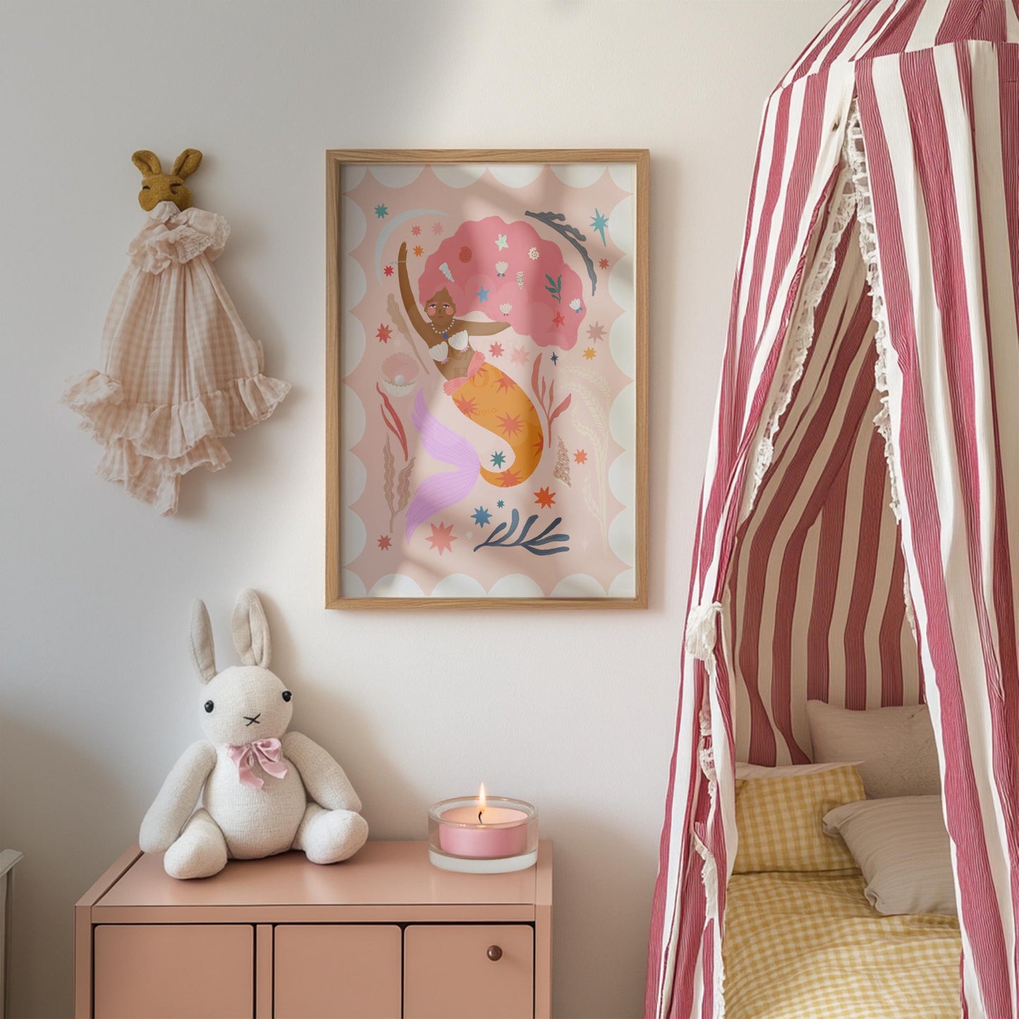 Orange Tail Mermaid Portrait Art Print: Colorful Kids Room Decor
