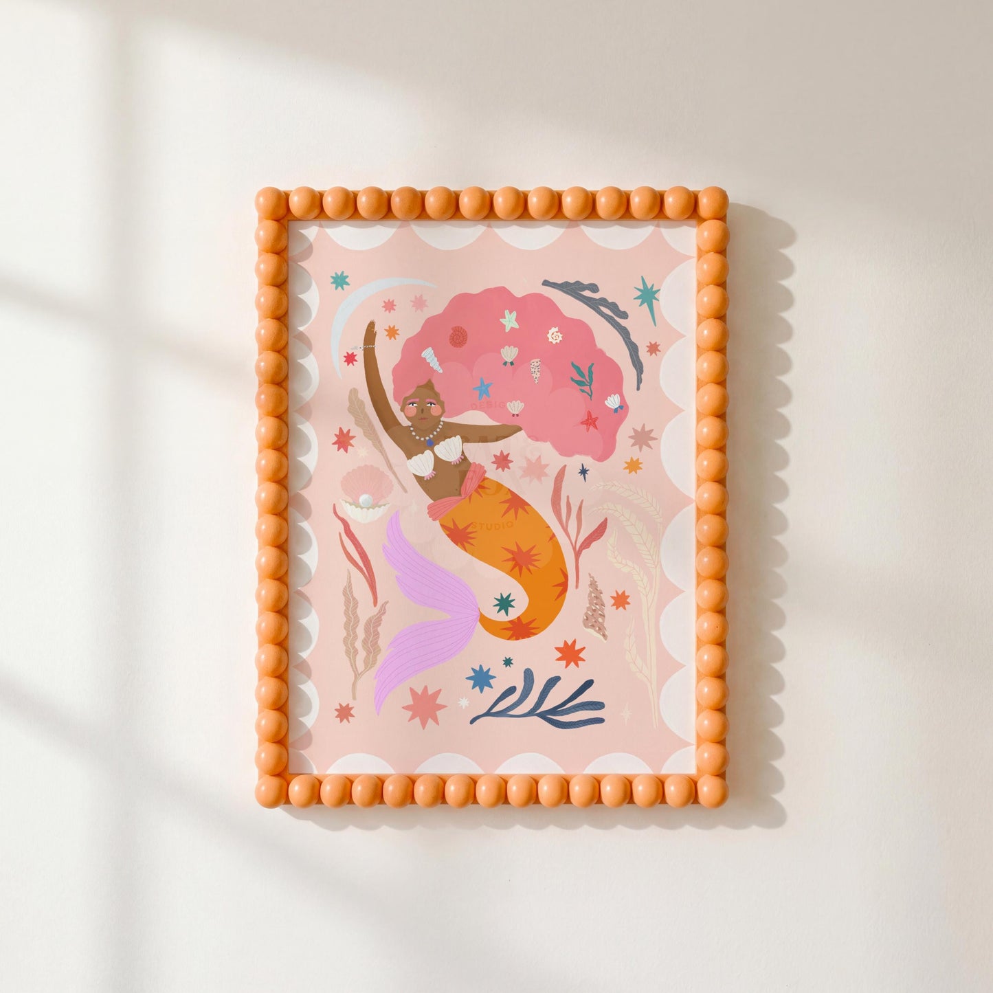 Orange Tail Mermaid Portrait Art Print: Colorful Kids Room Decor