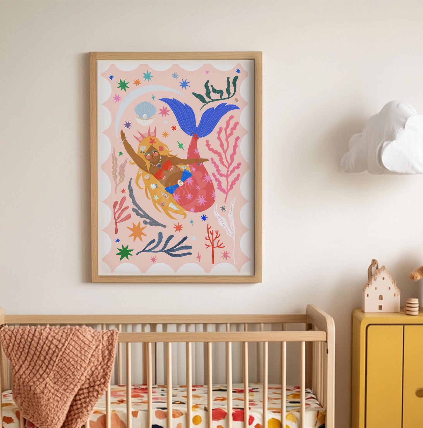 Mermaid with Red Tail, Art Print: Colorful Kids Room Decor