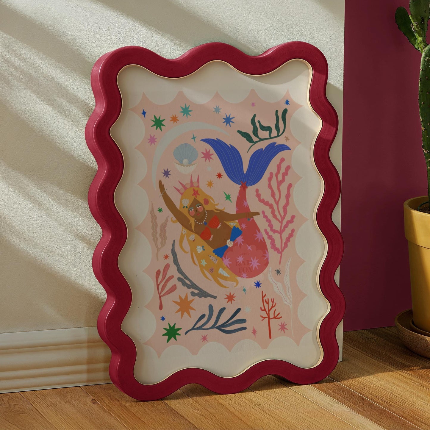Mermaid with Red Tail, Art Print: Colorful Kids Room Decor