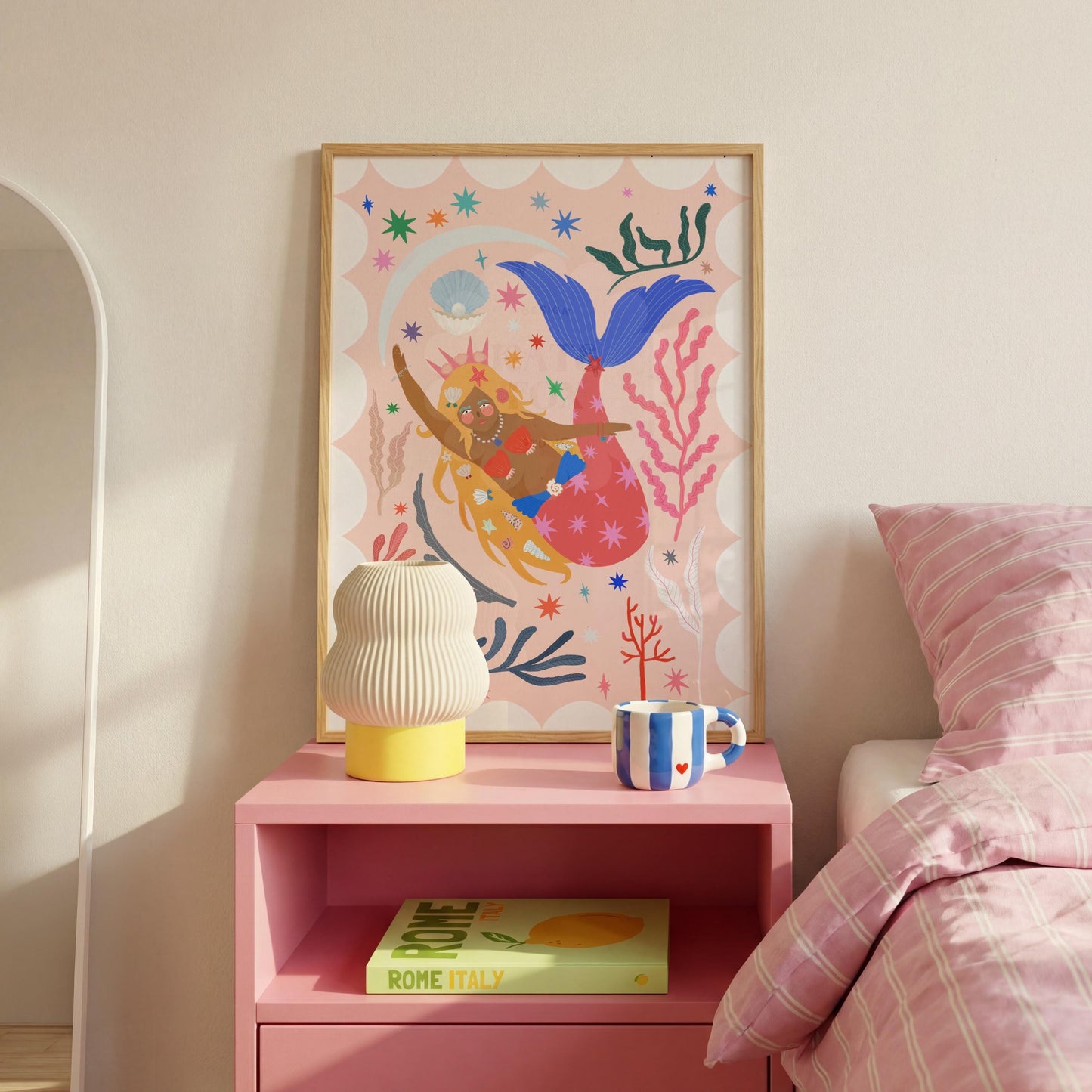 Mermaid with Red Tail, Art Print: Colorful Kids Room Decor