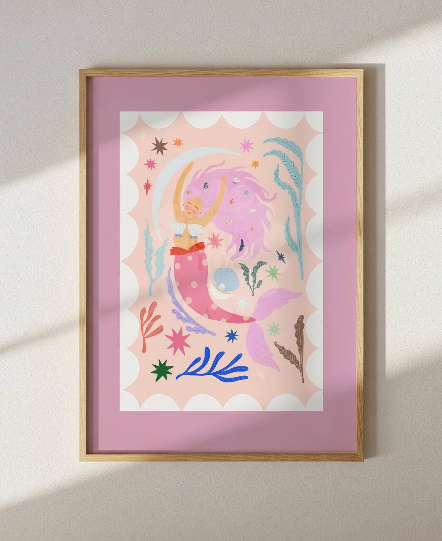 Mermaid with Pink Tail, Art Print: Colorful Kids Room Decor