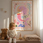 Mermaid with Pink Tail, Art Print: Colorful Kids Room Decor