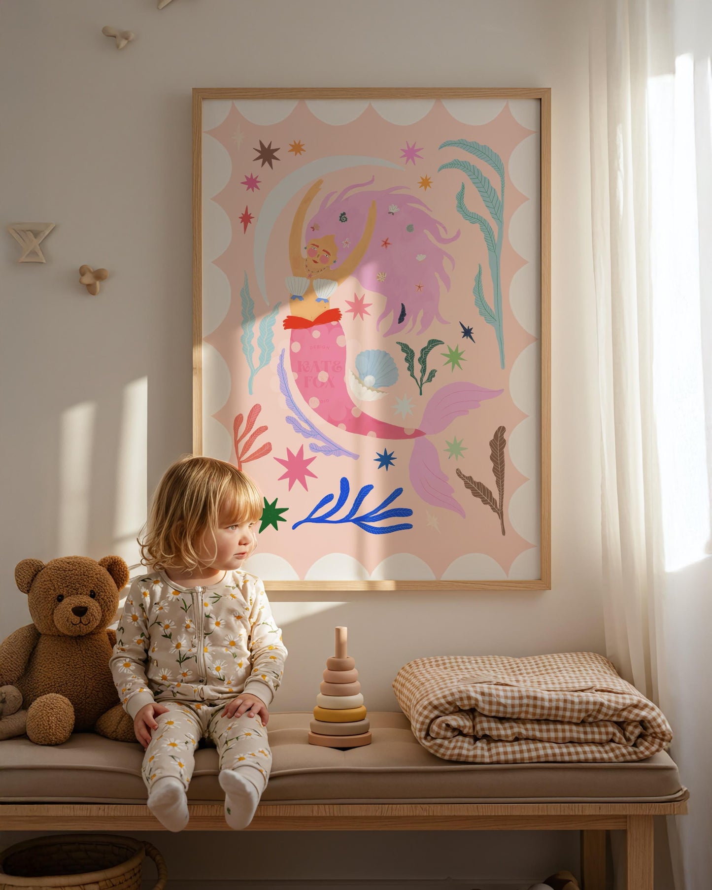 Mermaid with Pink Tail, Art Print: Colorful Kids Room Decor