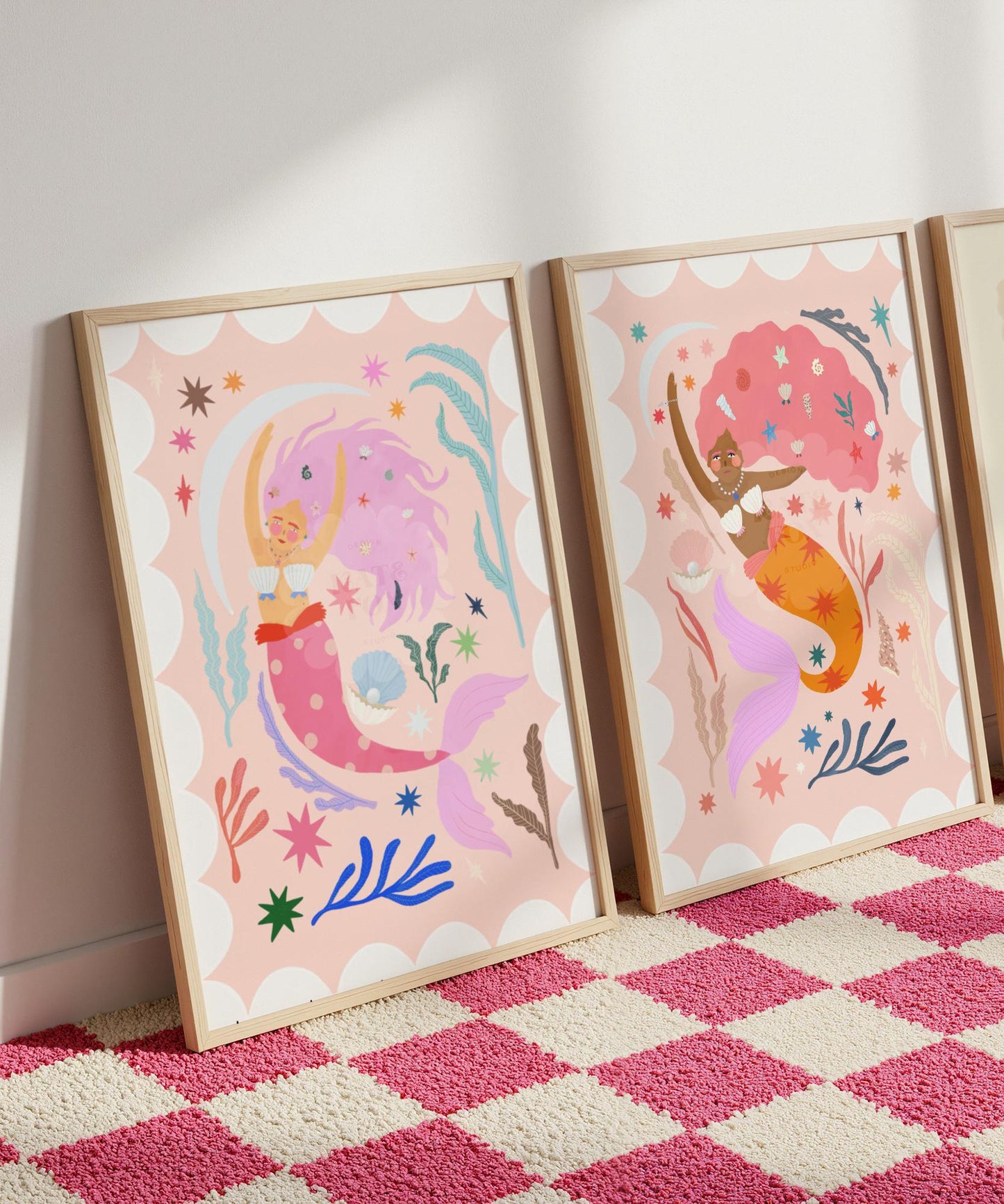 Mermaid with Pink Tail, Art Print: Colorful Kids Room Decor
