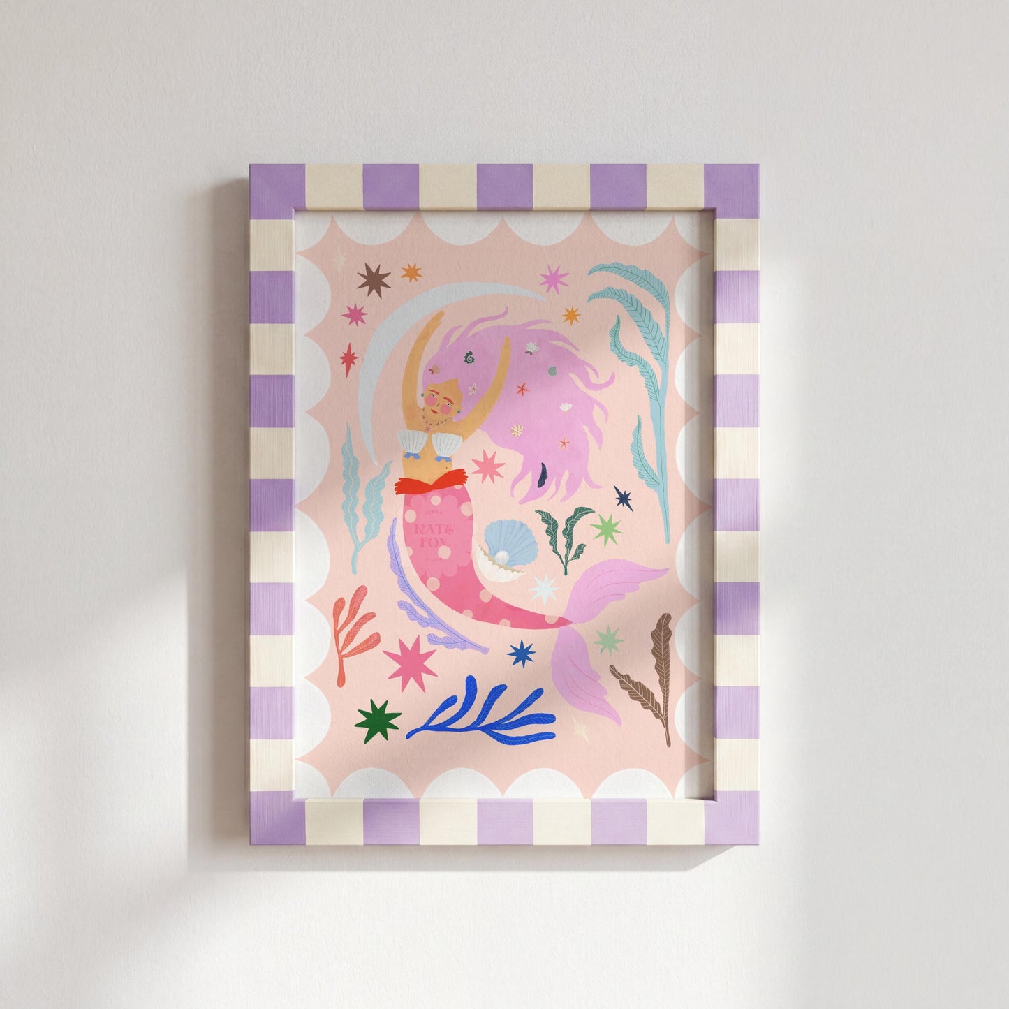 Mermaid with Pink Tail, Art Print: Colorful Kids Room Decor