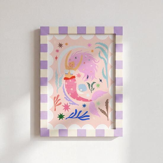 Mermaid with Pink Tail, Art Print: Colorful Kids Room Decor