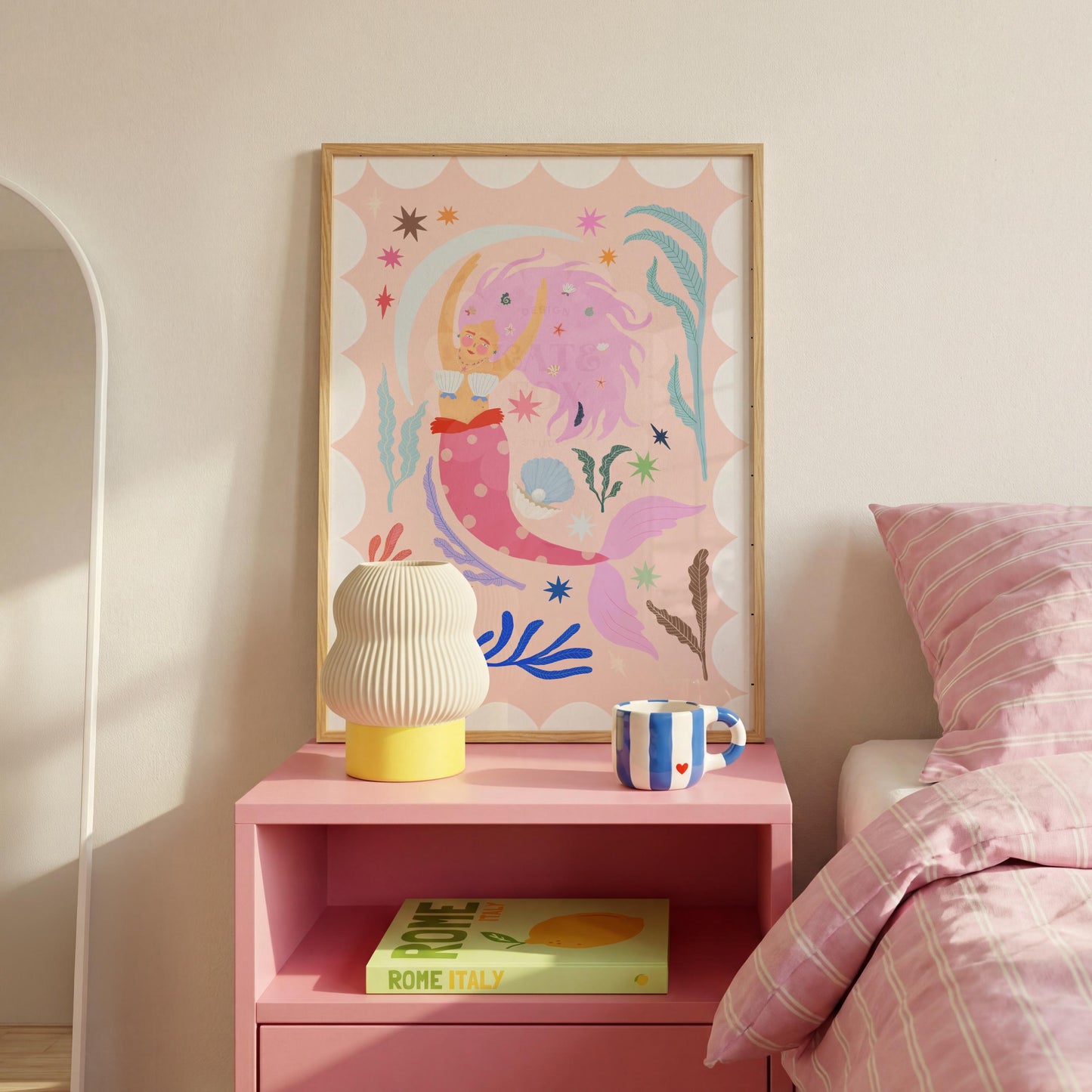 Mermaid with Pink Tail, Art Print: Colorful Kids Room Decor
