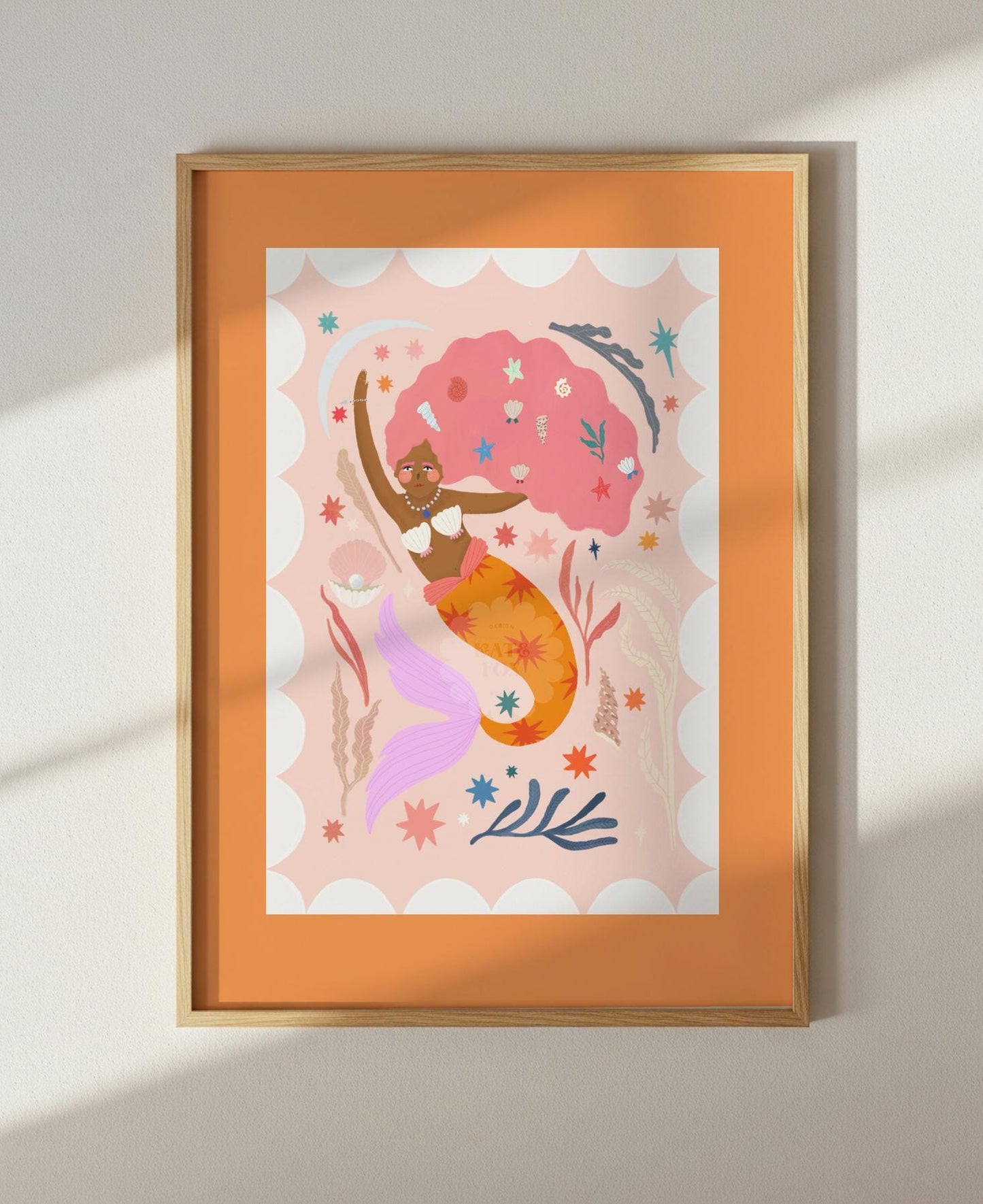 Orange Tail Mermaid Portrait Art Print: Colorful Kids Room Decor