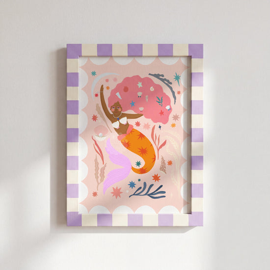 Orange Tail Mermaid Portrait Art Print: Colorful Kids Room Decor