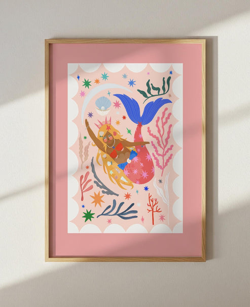Mermaid with Red Tail, Art Print: Colorful Kids Room Decor