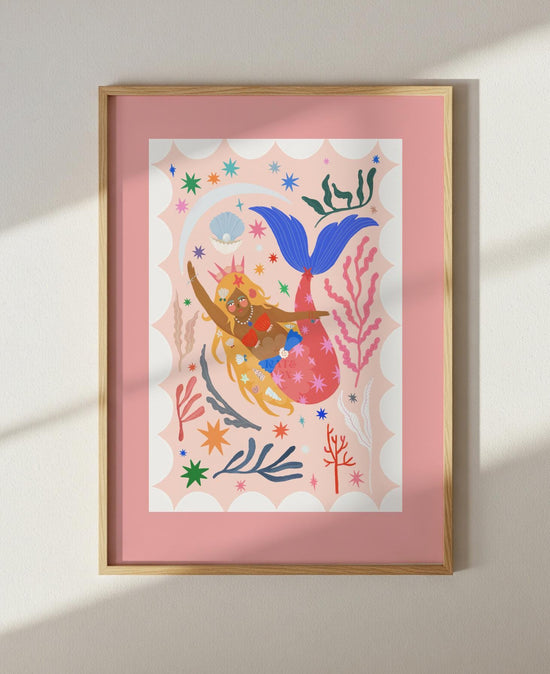 Mermaid with Red Tail, Art Print: Colorful Kids Room Decor