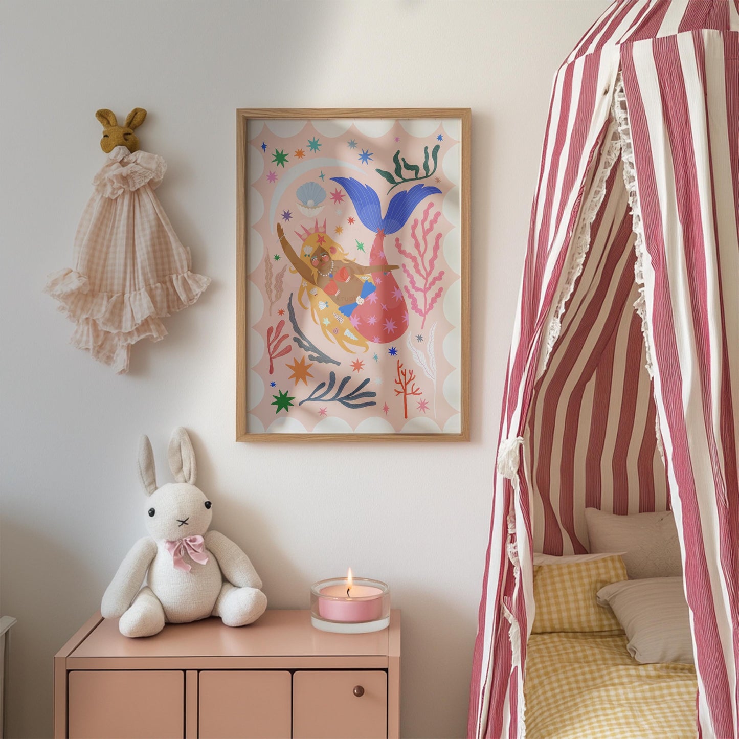 Mermaid with Red Tail, Art Print: Colorful Kids Room Decor