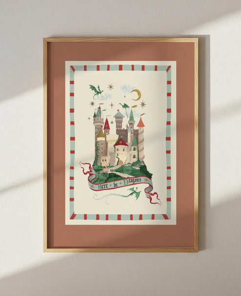 Here Be Dragons Blue: Colorful Fairytale Magical Typography Wall Art