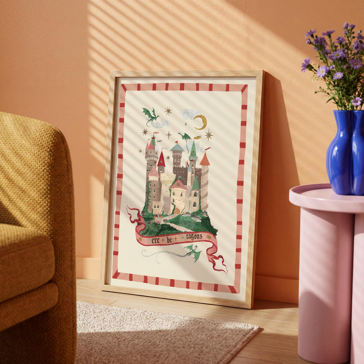 Here Be Dragons Pink: Colorful Fairytale Magical Typography Wall Art