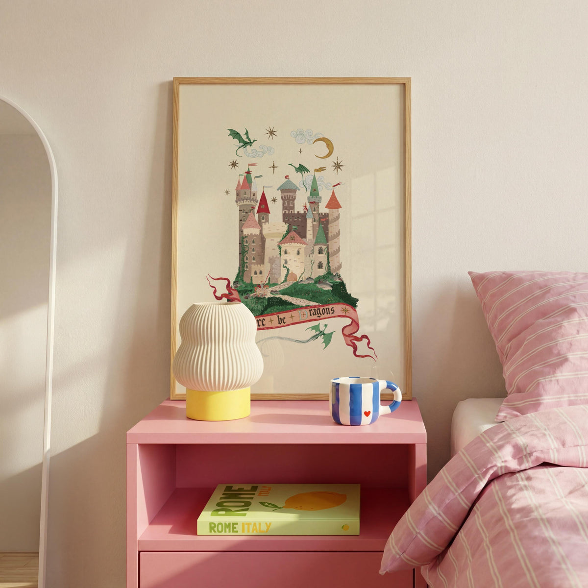 Here Be Dragons Pink: Colorful Fairytale Magical Typography Wall Art